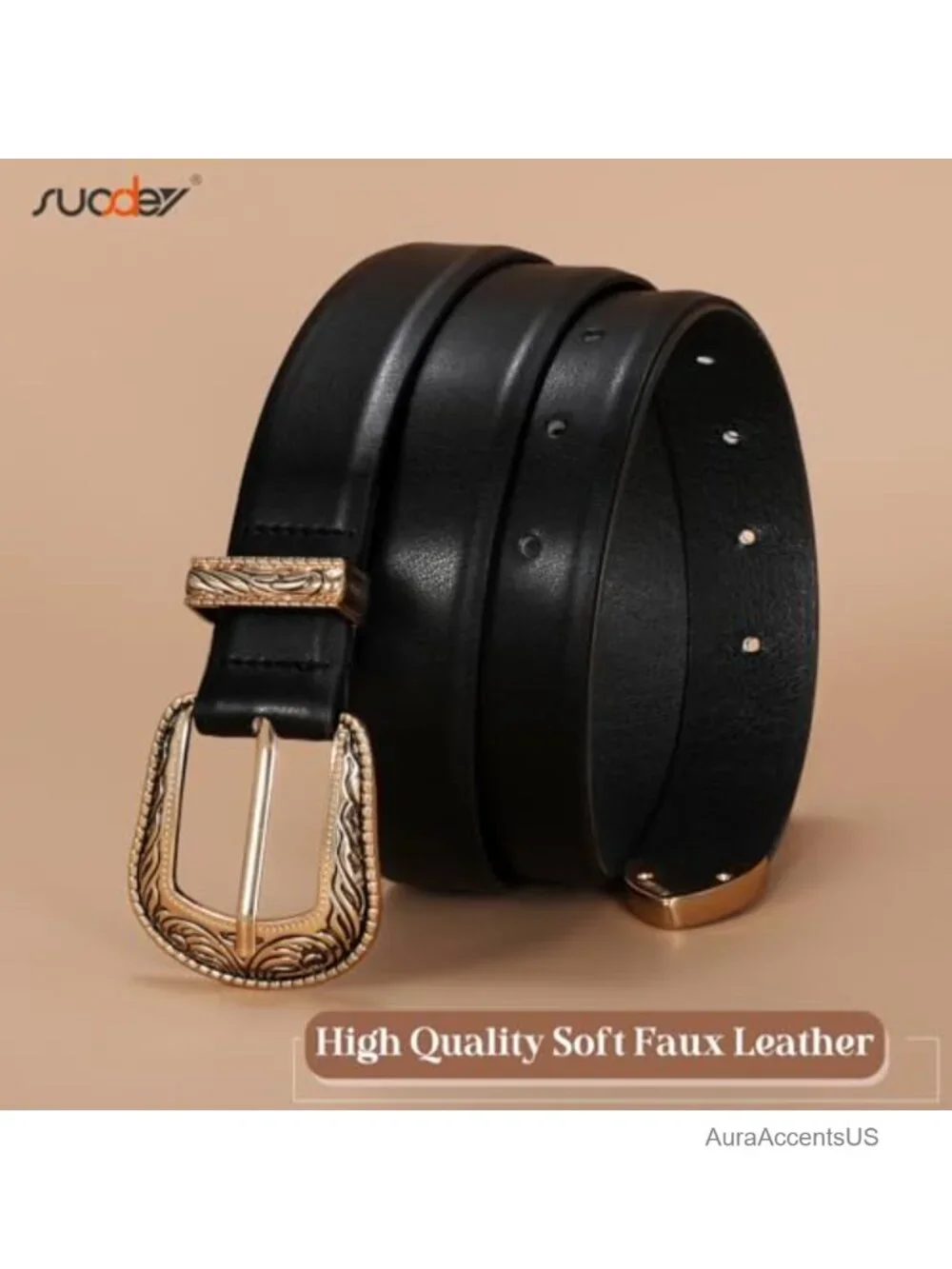 Western Faux Leather Belt with Vintage Metal Buckle for Women